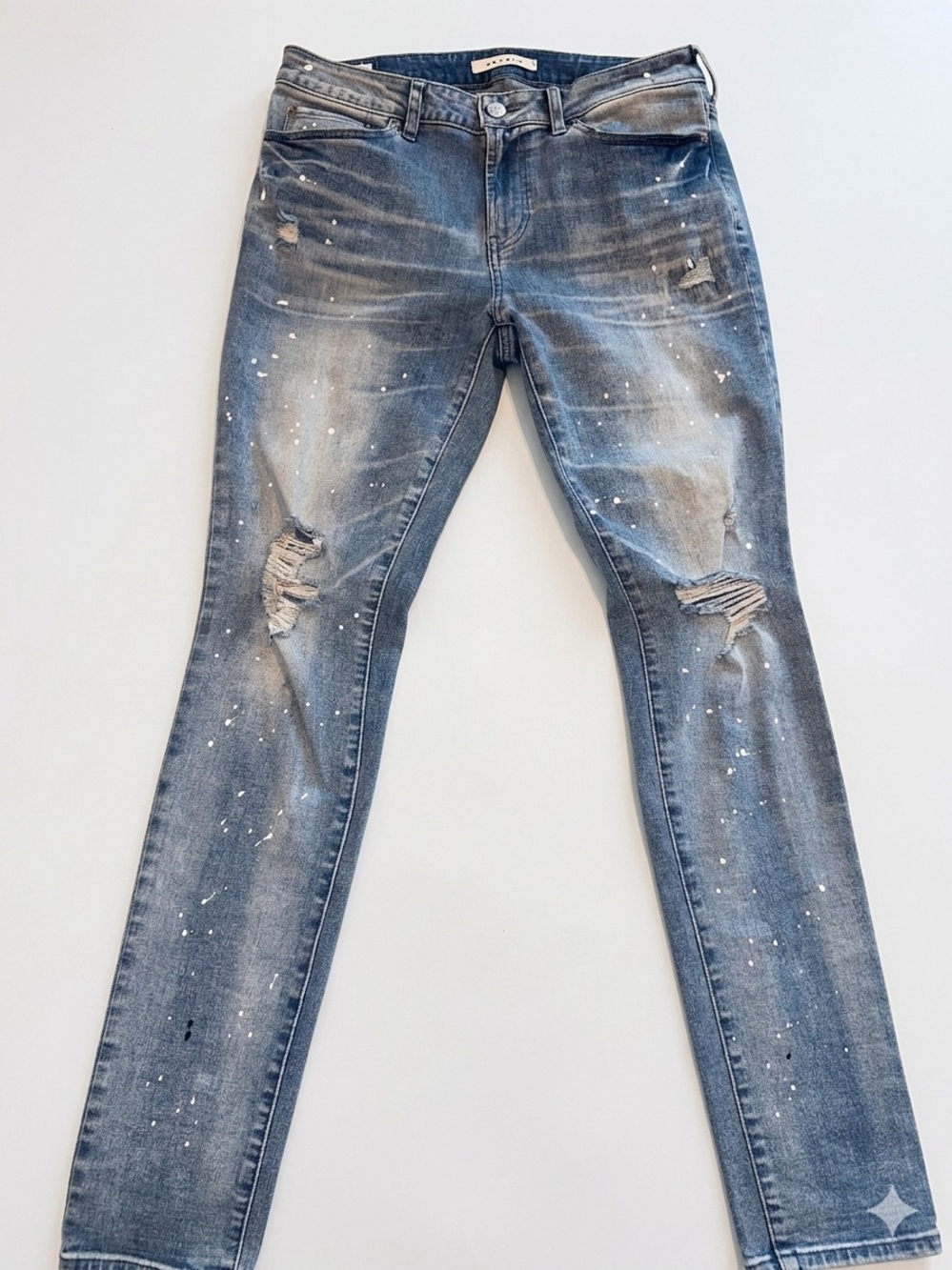 Distressed Paint-Splatter Skinny Jeans - Blue